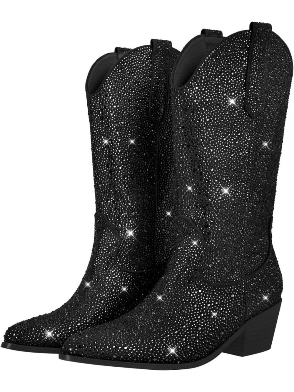 👢Women's Sequins Black Sparkly Rhinestones Cowgirl Style Boots Calf High Boots